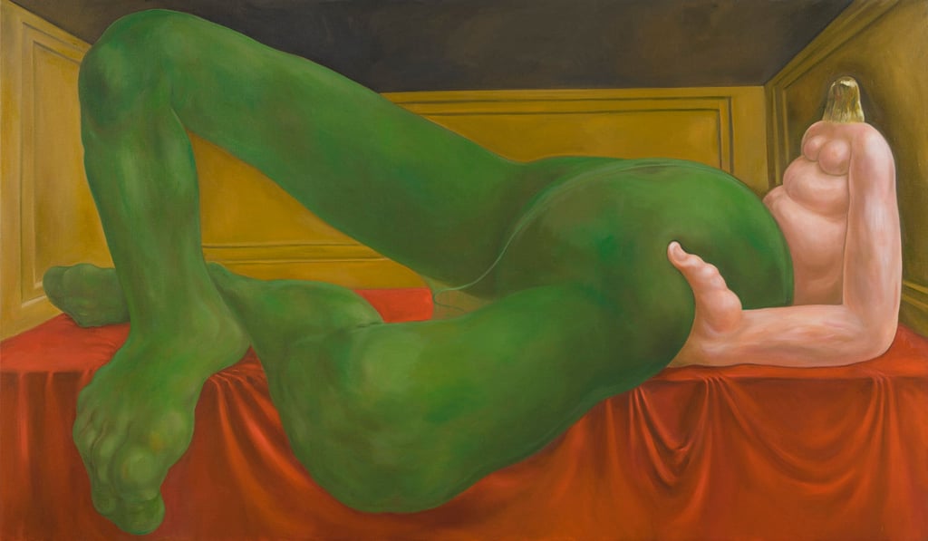 Louise Bonnet’s Green Pantyhose (2022), oil on linen, 84 x 144 inches (213 x 366cm). Photo: Jeff McLane/Gagosian