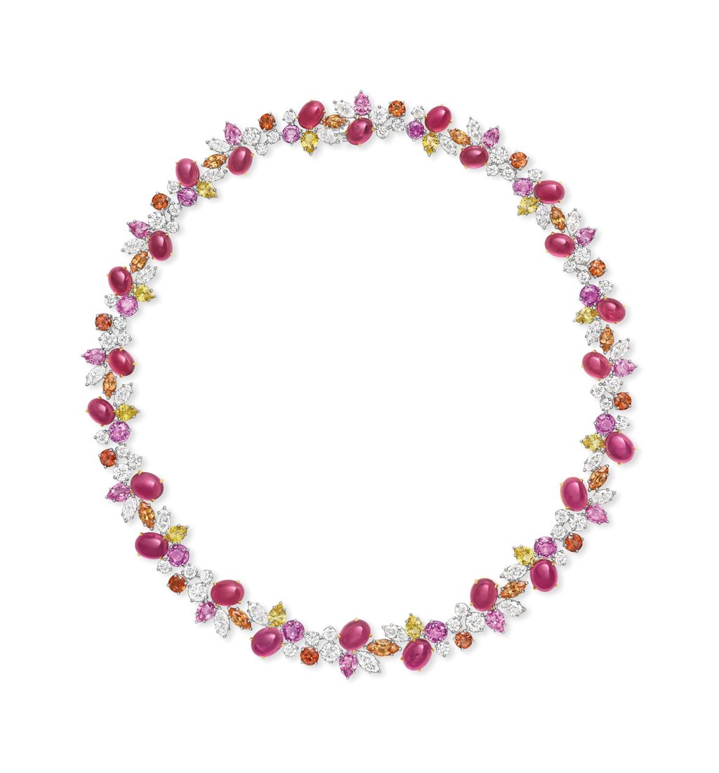 Floral shapes rendered in rubellite, pink and yellow sapphires, spessartite garnets and diamonds. Photo: Harry Winston Floral shapes rendered in rubellite, pink and yellow sapphires, spessartite garnets and diamonds. Photo: Harry Winston