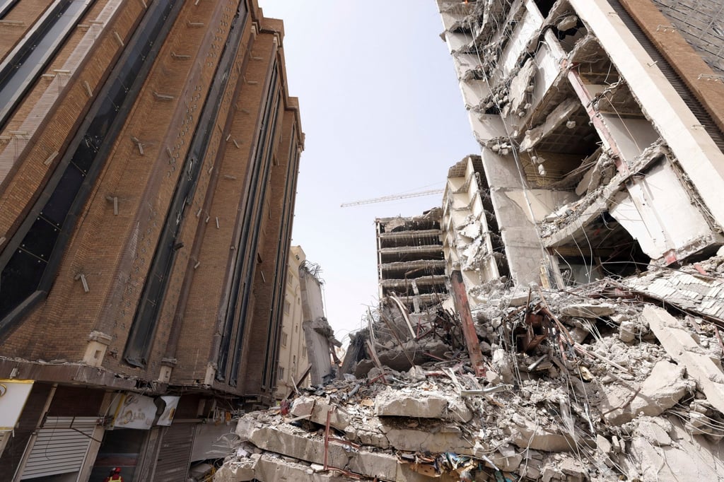 The ruins of a tower at the 10-storey Metropol building in Abadan, Iran. Photo: Iranian Senior Vice-President Office via AP