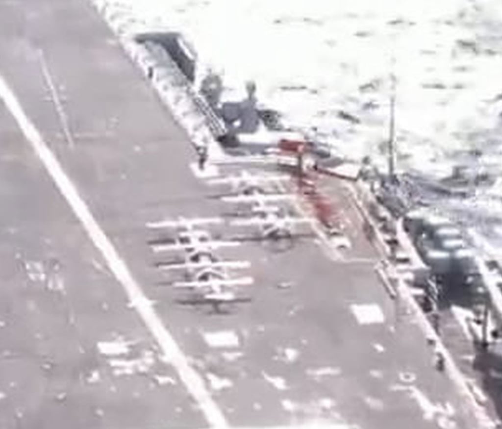 A PLA Navy video has included a brief glimpse of seven unmanned aerial vehicles on the deck of the Shandong, China’s second aircraft carrier. Photo: Weixin