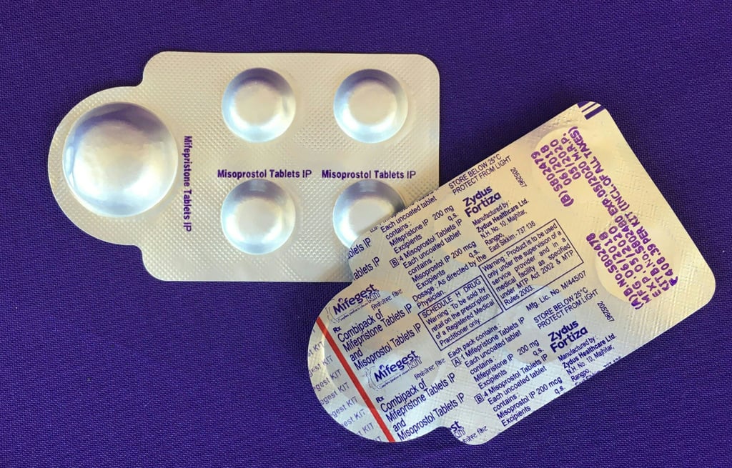 The medication commonly known as the abortion pill is made up of two tablets, mifepristone (left) and misoprostol, which are taken together. Photo: Plan C/AFP