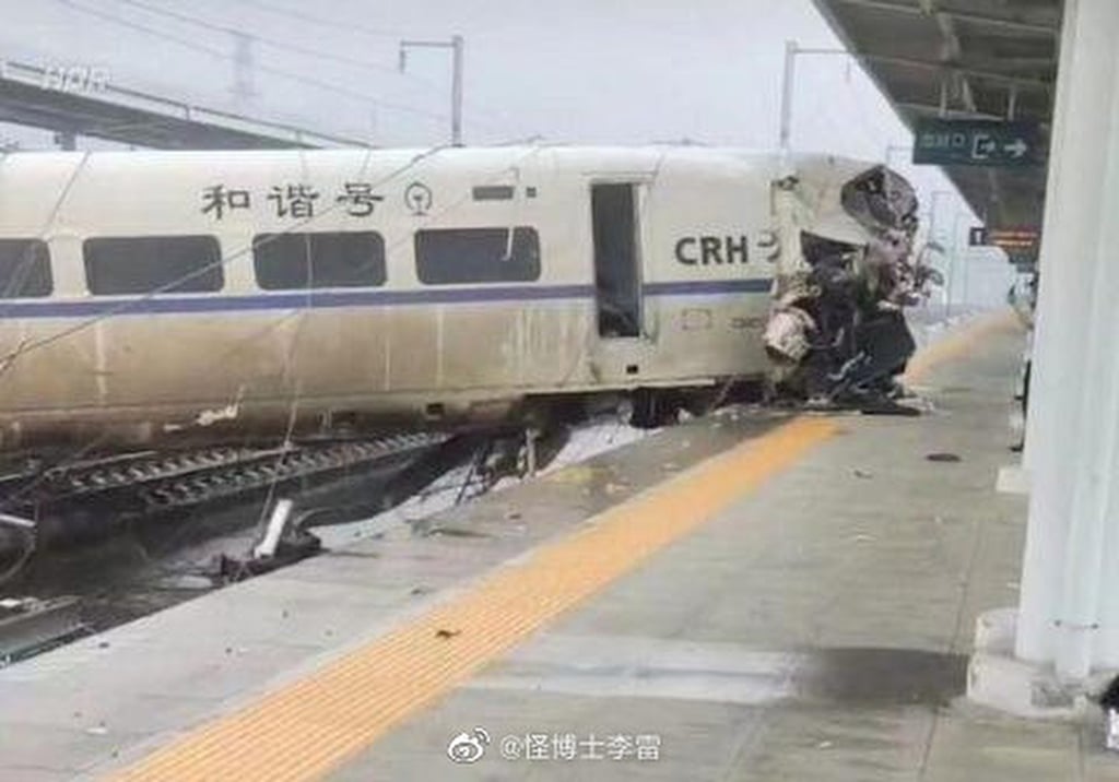 The high-speed train came off the tracks after hitting soil on the rails on Saturday. Photo: Weibo The high-speed train came off the tracks after hitting soil on the rails on Saturday. Photo: Weibo