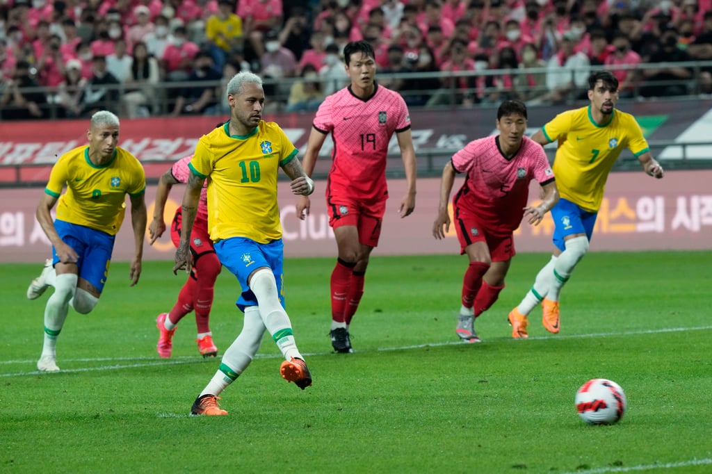 Brazil’s Neymar scored twice from the penalty spot during his side’s 5-1 thrashing of South Korea in Seoul on Thursday. Photo: AP