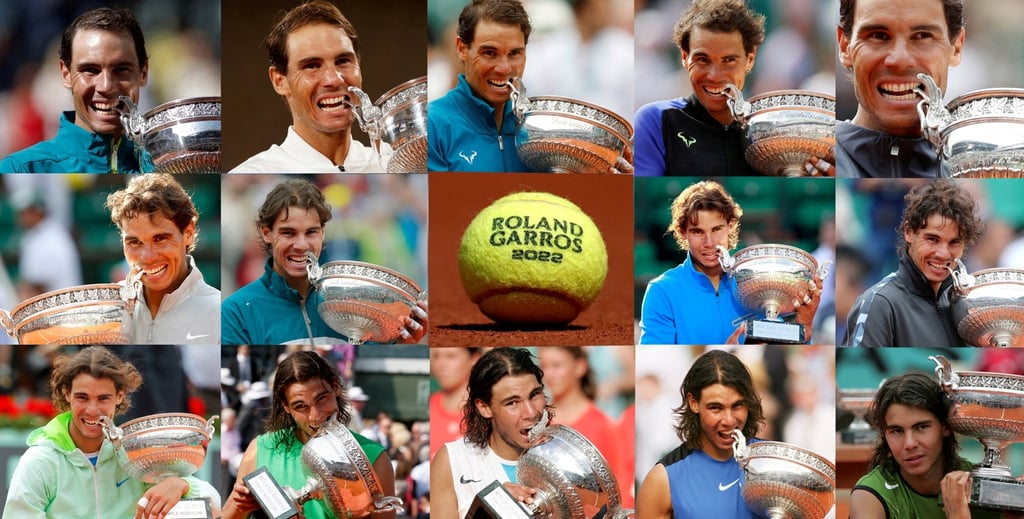 Rafael Nadal biting the trophy to celebrate each of his 14 French Open titles. The images are in chronological order from 2022, 2020, 2019, 2018, 2017, 2014, 2013, 2012, 2011, 2010, 2008, 2007, 2006 and 2005. Photo: Reuters Rafael Nadal biting the trophy to celebrate each of his 14 French Open titles. The images are in chronological order from 2022, 2020, 2019, 2018, 2017, 2014, 2013, 2012, 2011, 2010, 2008, 2007, 2006 and 2005. Photo: Reuters