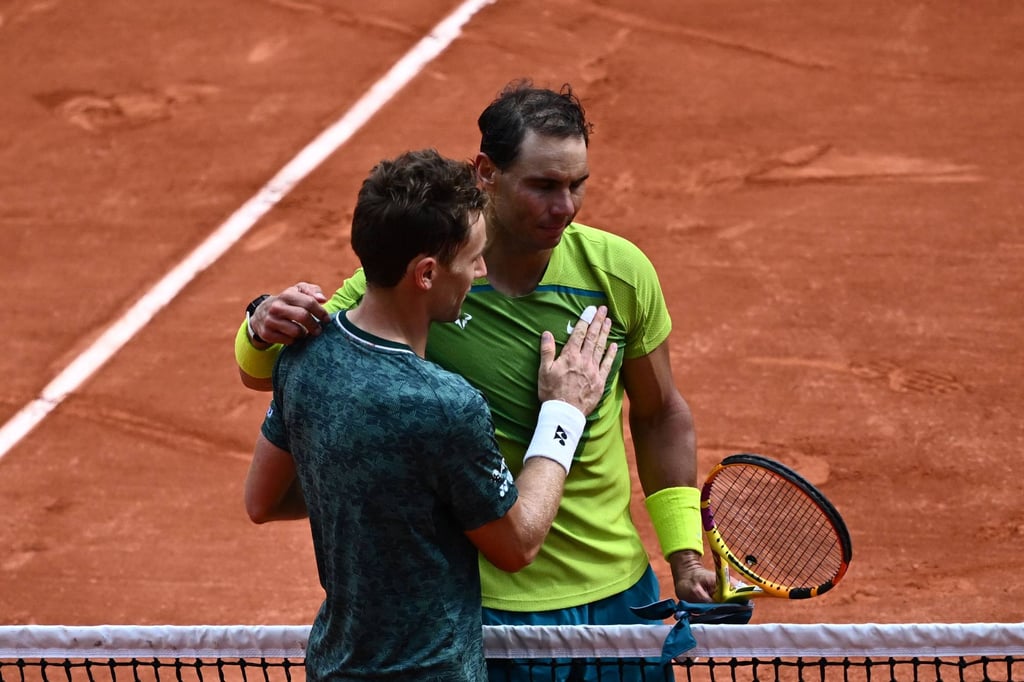 Spain’s Rafael Nadal, right, and Norway’s Casper Ruud at the end of their men’s singles final match at the Roland-Garros Open tennis tournament in Paris, France on Sunday. Photo: AFP