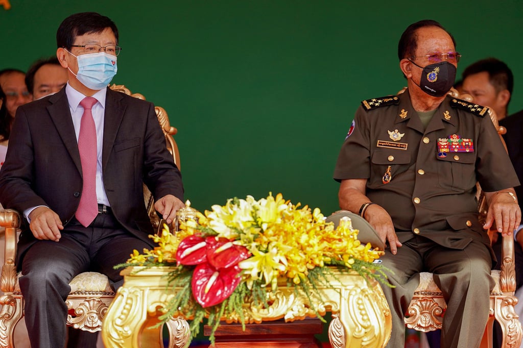 Cambodia’s Defence Minister Tea Banh, right, and China’s ambassador to Cambodia Wang Wentian take part in a groundbreaking ceremony at the Ream naval base in Preah Sihanouk province on June 8, 2022. Photo: Agence France-Presse