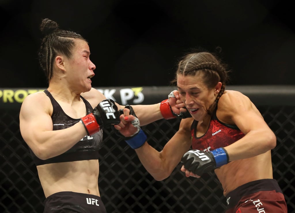 Zhang Weili lands a punch on Joanna Jedrzejczyk at UFC 248. Photo: AP