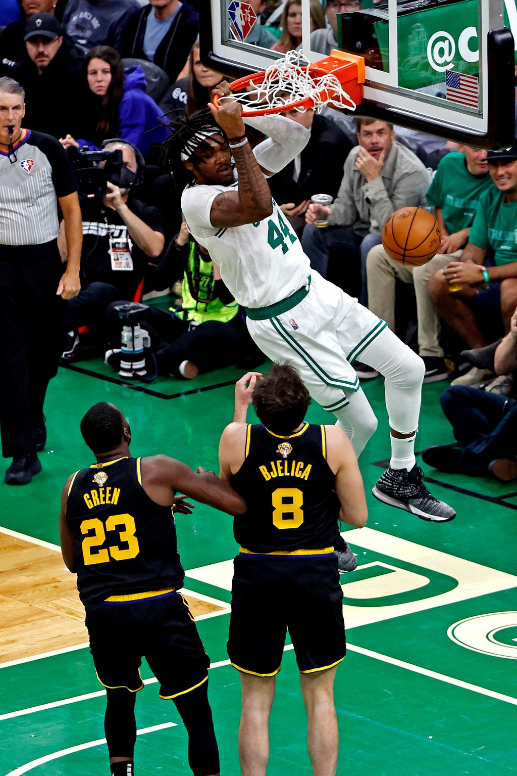 Boston Celtics centre Robert Williams III dunks the ball against Golden State Warriors forward Draymond Green (23) and forward Nemanja Bjelica (8) during the second quarter of Game Three. Photo: USA TODAY Sports Boston Celtics centre Robert Williams III dunks the ball against Golden State Warriors forward Draymond Green (23) and forward Nemanja Bjelica (8) during the second quarter of Game Three. Photo: USA TODAY Sports