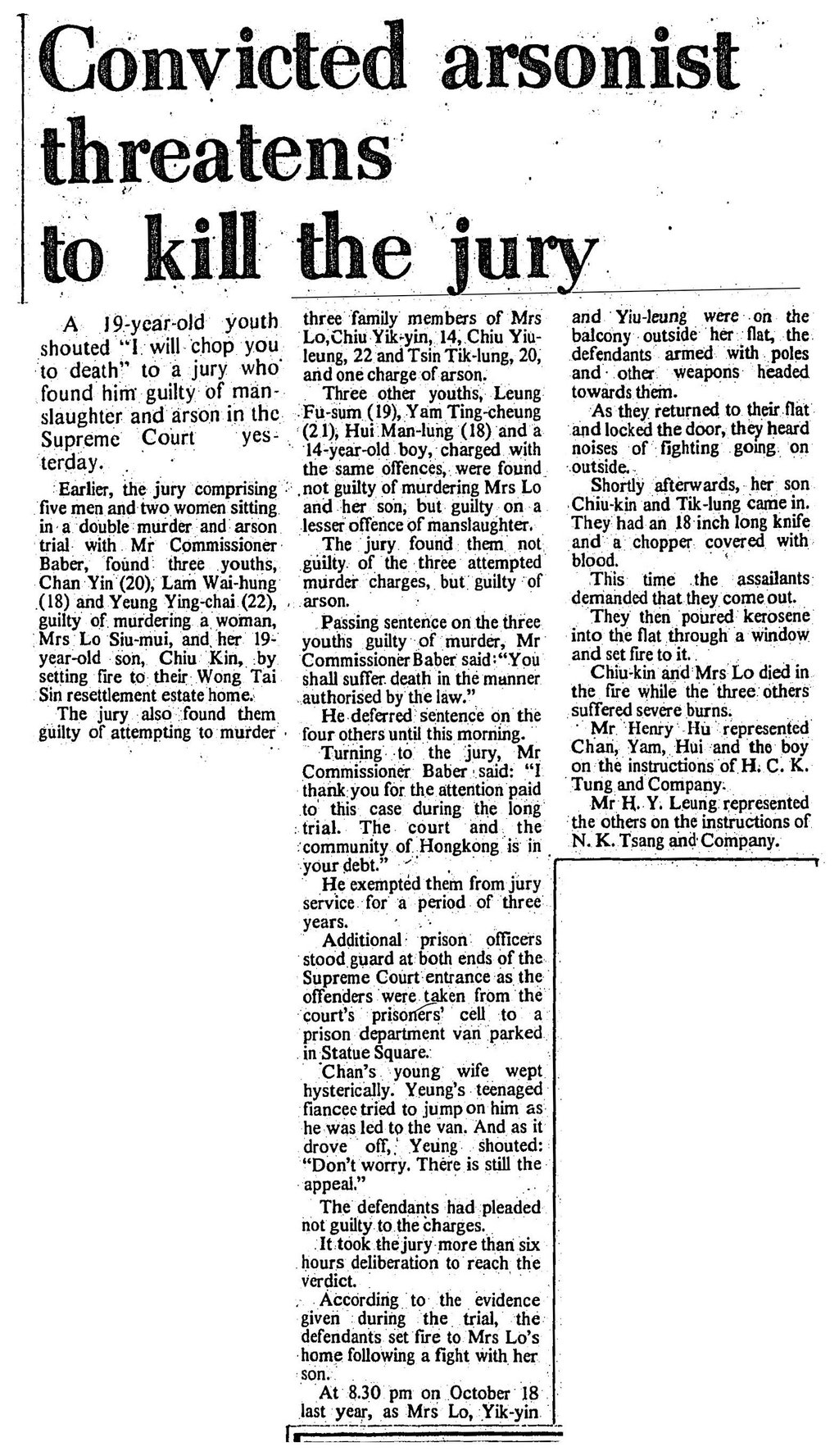 A later report from the SCMP of the death threat made against the jury by one of the arsonists. Photo: SCMP