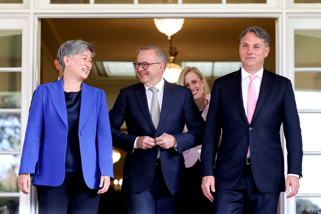 Anthony Albanese (centre) leaves Government House in Canberra with Foreign Minister Penny Wong (left) and Deputy Minister Richard Marles after being sworn in as Australia’s new prime minister on May 23. Photo: Bloomberg