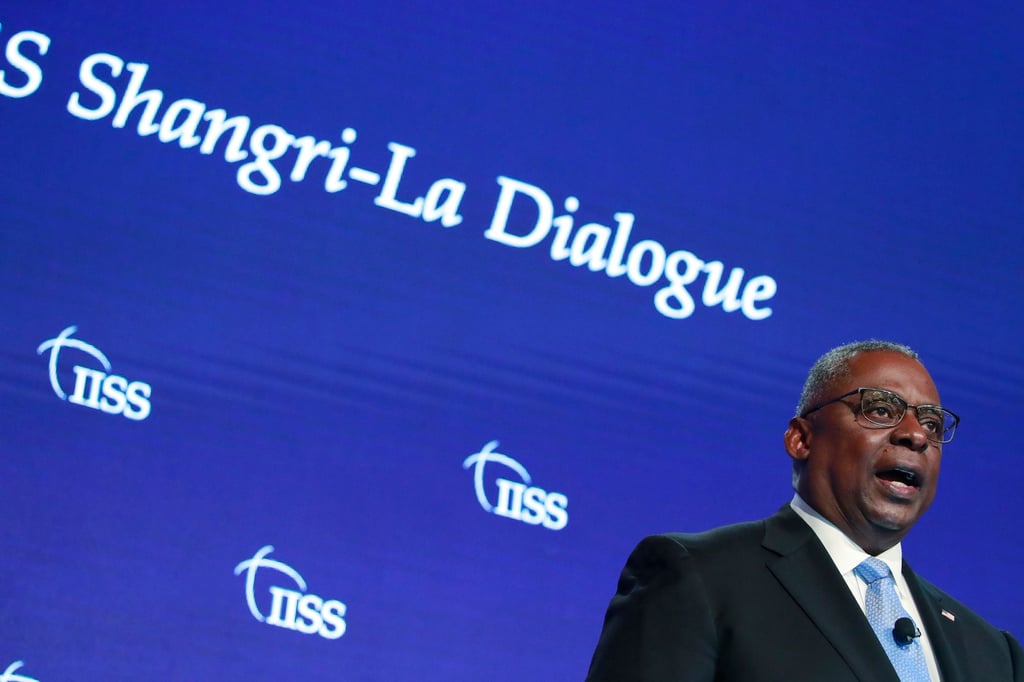 US defence chief Lloyd Austin speaks at the Shangri-La Dialogue in Singapore on Saturday. Photo: EPA-EFE