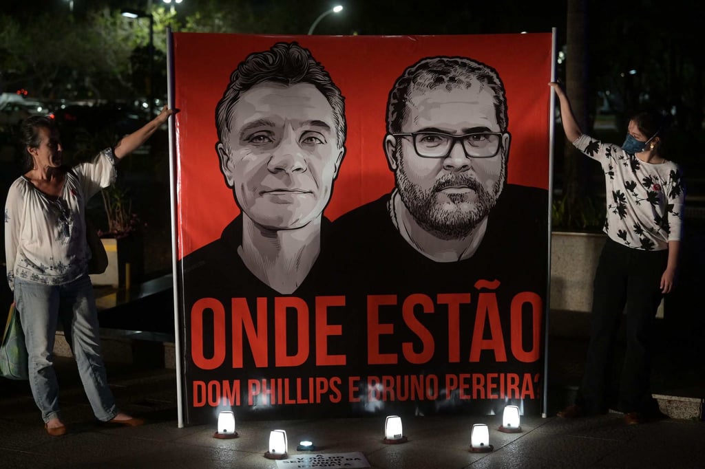 Employees of the National Indigenous Foundation protest over missing British journalist Dom Phillips and Brazilian indigenous affairs specialist Bruno Pereira in Brasilia on Thursday. Photo: AFP