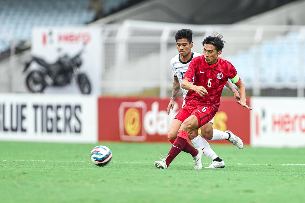 Hong Kong captain Huang Yang in action during the clash with Cambodia. Photo: HKFA