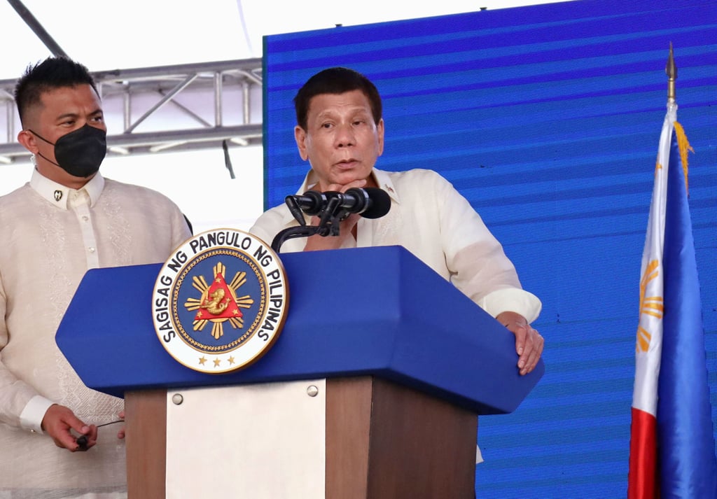 Philippine President Rodrigo Duterte speaks in Manila on Sunday during an event to unveil a tunnel drilling machine for the country’s first-ever subway. Photo: Kyodo