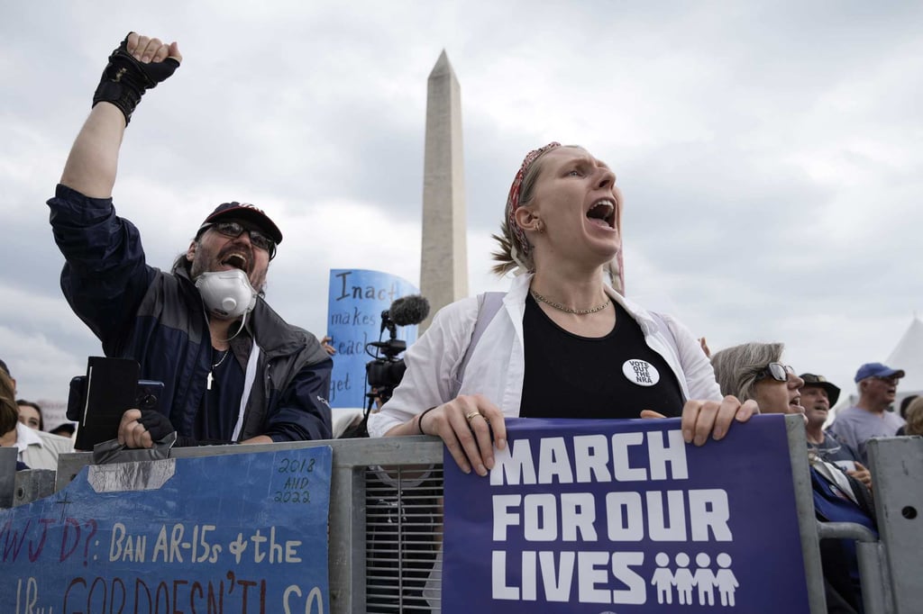 Demonstrators attend a March for Our Lives rally against gun violence on the National Mall in Washington, US on Saturday. Photo: Getty Images / AFP