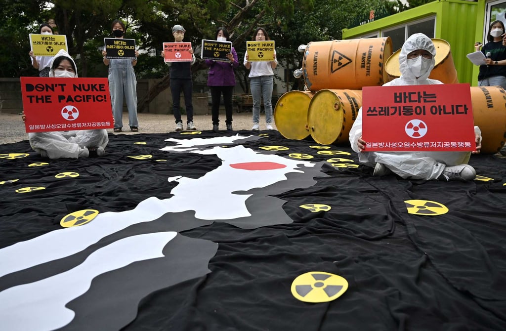 South Korean environmental activists during a protest in Seoul against Japan’s plan to discharge Fukushima radioactive water into the sea, as they mark World Oceans Day on June 8. Photo: AFP