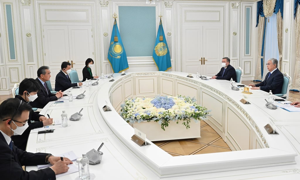 Chinese Foreign Minister Wang Yi, center left, meeting with Kazakh President Kassym-Jomart Tokayev, far right, in Nur-Sultan, Kazakhstan, this month. Photo: Handout