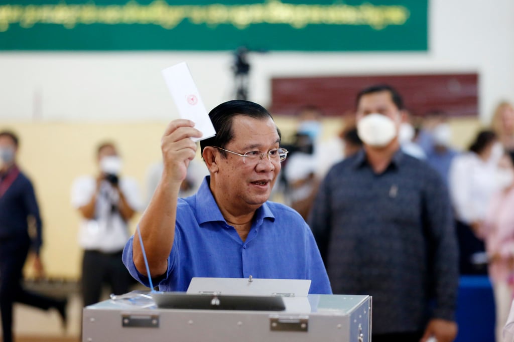 Hun Sen votes in elections earlier this month. The Cambodian leader has been in power for 37 years and has repeatedly stated his intention to stay in office until 2028. Photo Xinhua
