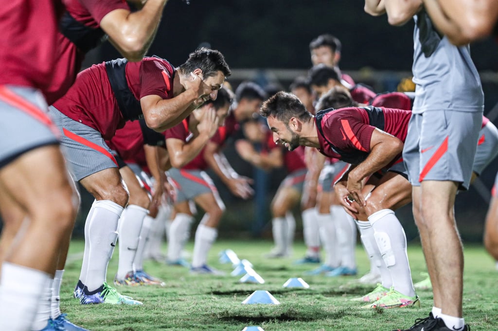 Hong Kong players in training before facing India on Tuesday night. Photo: HKFA