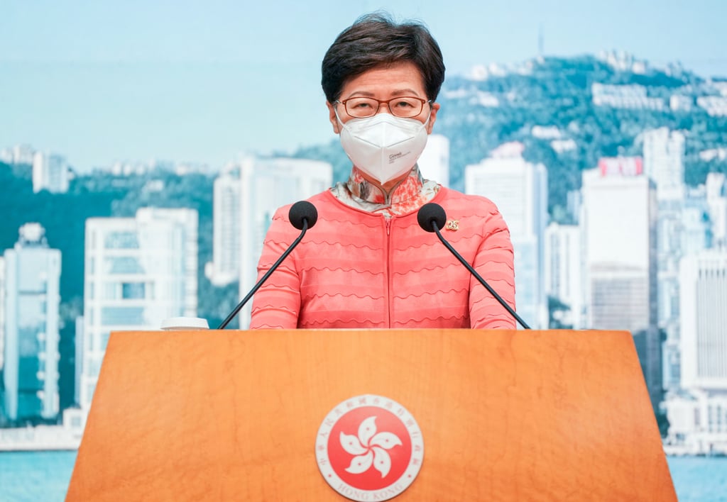 Carrie Lam at a press conference before her final regular Exco meeting. Photo: Robert Ng Carrie Lam at a press conference before her final regular Exco meeting. Photo: Robert Ng