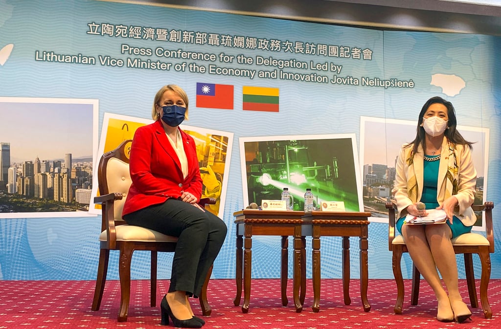 Lithuania’svice-minister of economy and innovation Jovita Neliupsiene at a news conference with Taiwan’s foreign ministry spokeswoman Joanne Ou in Taipei. Photo: Reuters Lithuania’svice-minister of economy and innovation Jovita Neliupsiene at a news conference with Taiwan’s foreign ministry spokeswoman Joanne Ou in Taipei. Photo: Reuters