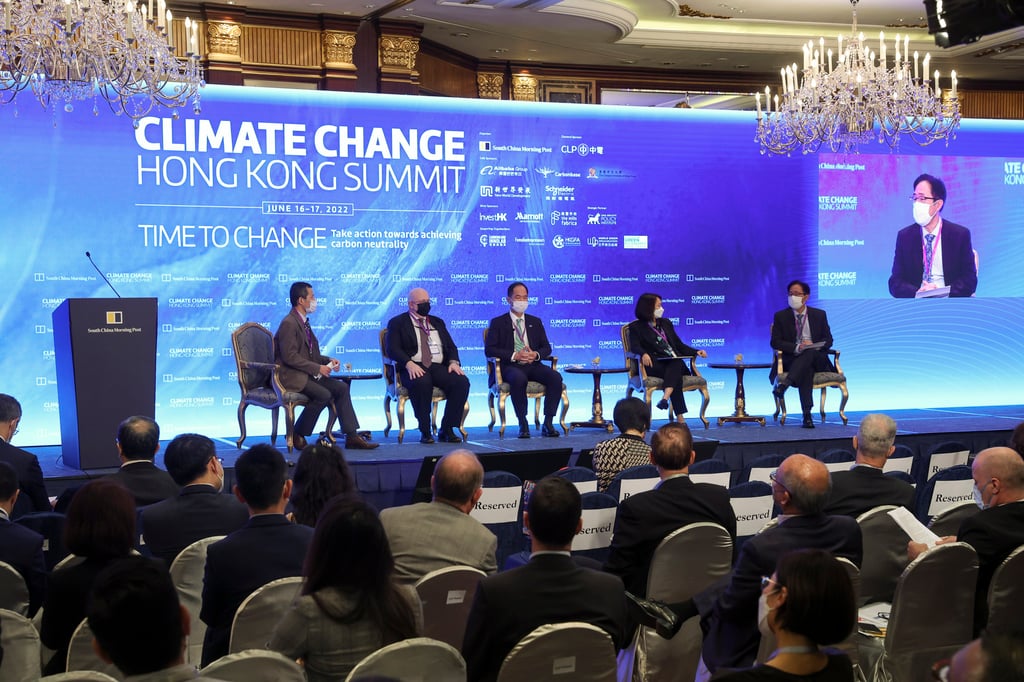 A panel at SCMP’s 2022 Climate Change Hong Kong Summit on 16 June 2022, featuring (L-R) SCMP Climate Change News Editor and panel moderator Eric Ng, Arup’s Director of Infrastructure & East Asia Energy Business Leader Peter Thompson, CLP Power’s Managing Director TK Chiang, Allied Sustainability and Environmental Consultants Group chairman Grace Kwok, and the Hong Kong Nuclear Society’s Chairman Dr. Luk Bing Lam. Photo: Yik Yeung-man A panel at SCMP’s 2022 Climate Change Hong Kong Summit on 16 June 2022, featuring (L-R) SCMP Climate Change News Editor and panel moderator Eric Ng, Arup’s Director of Infrastructure & East Asia Energy Business Leader Peter Thompson, CLP Power’s Managing Director TK Chiang, Allied Sustainability and Environmental Consultants Group chairman Grace Kwok, and the Hong Kong Nuclear Society’s Chairman Dr. Luk Bing Lam. Photo: Yik Yeung-man