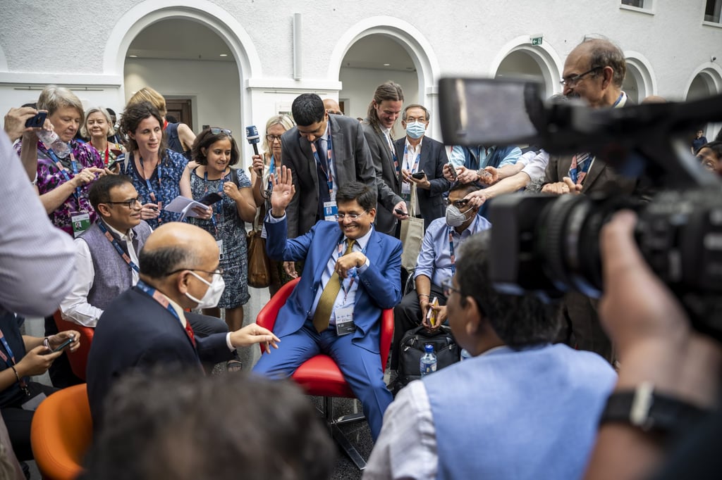 India’s Minister of Commerce Piyush Goyal (centre) heads to the WTO conference. Photo: EPA-EFE