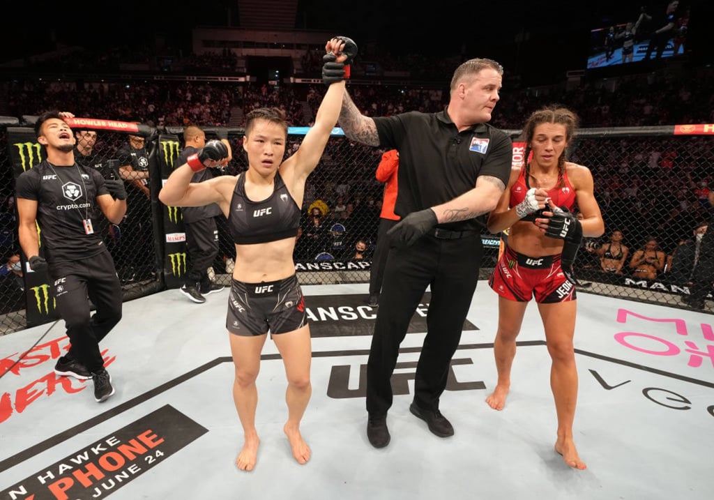Zhang Weili of China celebrates after her knockout victory over Joanna Jedrzejczyk of Poland at UFC 275 in Singapore. Photo: Zuffa LLC Zhang Weili of China celebrates after her knockout victory over Joanna Jedrzejczyk of Poland at UFC 275 in Singapore. Photo: Zuffa LLC