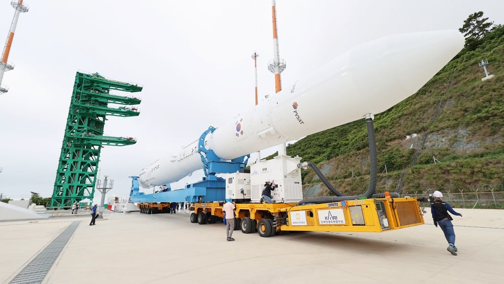 South Korea’s Nuri rocket arriving at the launch pad. Photo: Handout via EPA-EFE South Korea’s Nuri rocket arriving at the launch pad. Photo: Handout via EPA-EFE