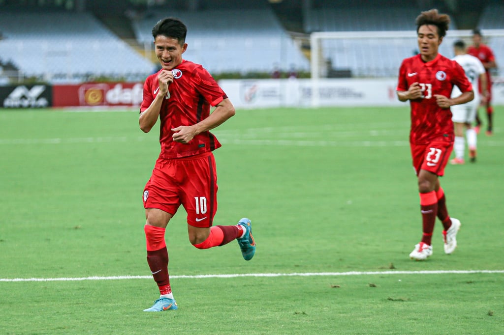 A happy Wong Wai after scoring the first goal against Afghanistan. Photo: HKFA