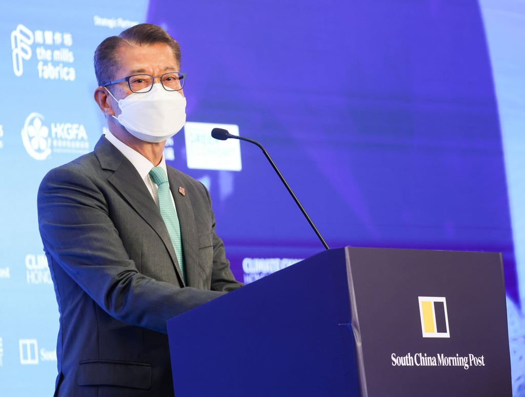 Financial Secretary Paul Chan Mo-po speaks during the Climate Change Hong Kong Summit at Island Shangri La Hong Kong on June 16, 2022. Photo: Yik Yeung-man