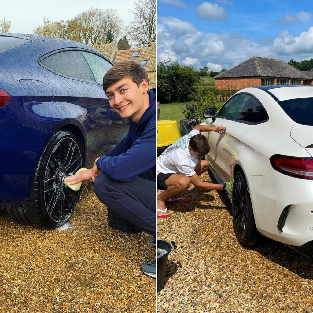 George Russell has owned a blue Mercedes AMG C63 (left) and a white Mercedes AMG C63 S (right). Photo: @georgerussell63/Instagram