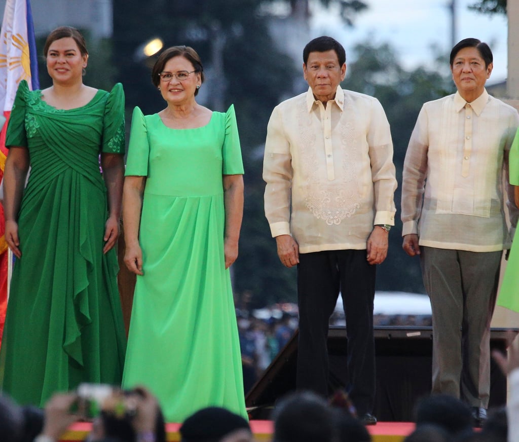 Philippine Vice-President Sara Duterte with her mother Elizabeth Zimmerman, her father – outgoing President Rodrigo Duterte – and incoming President Ferdinand “Bongbong” Marcos Jnr. Photo: AP