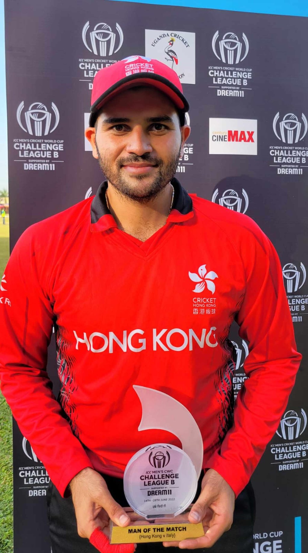 Man of the match Kinchit Shah after his century against Italy in the opening 2022 Challenge League B match in Kampala. Photo: Cricket Hong Kong