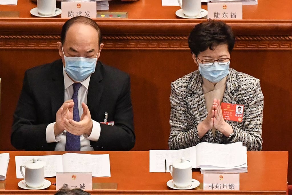 Macau Chief Executive Ho Iat-seng and his Hong Kong counterpart Carrie Lam. Photo: AFP