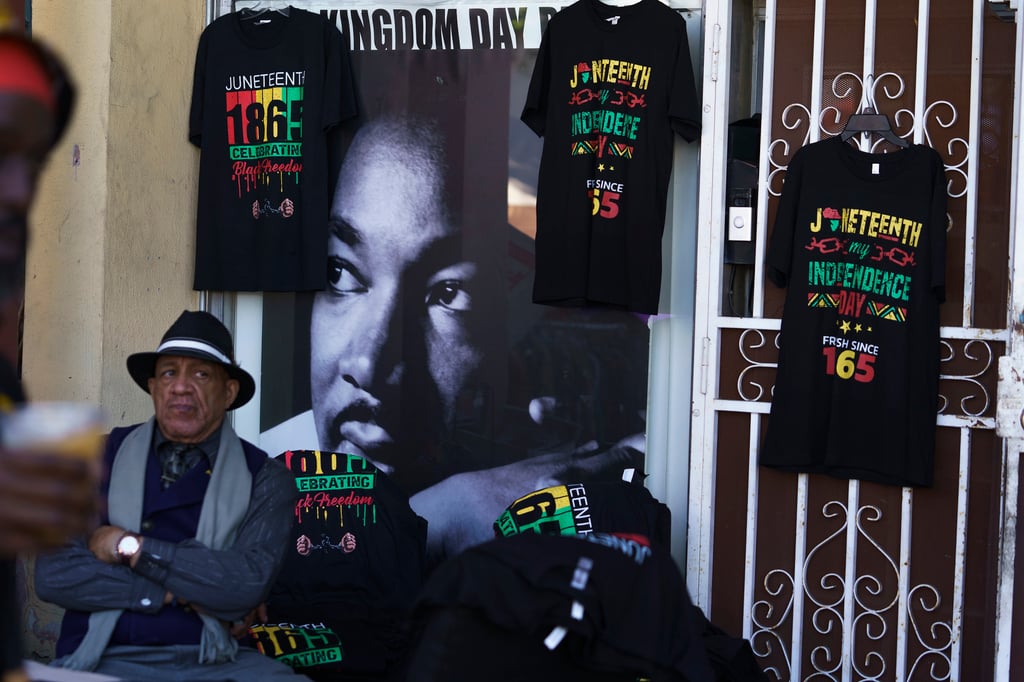 “Juneteenth” merchandise in Los Angeles. Photo: AP