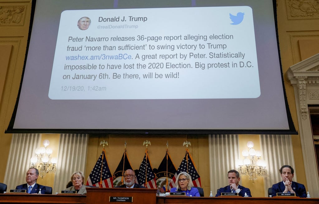 On June 9, a tweet by Donald Trump is shown during one of the hearings of the committee investigating the January 6 riot at the US Capitol. Photo: Reuters