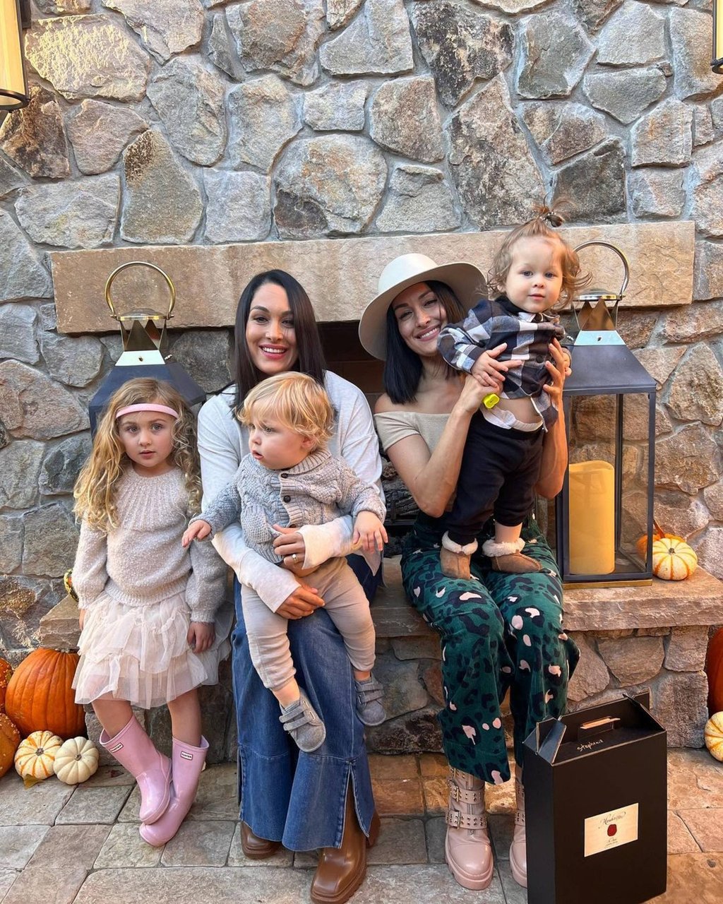 Famous twin sisters Nikki and Brie Bella, and their children. Photo: @thebriebella/Instagram