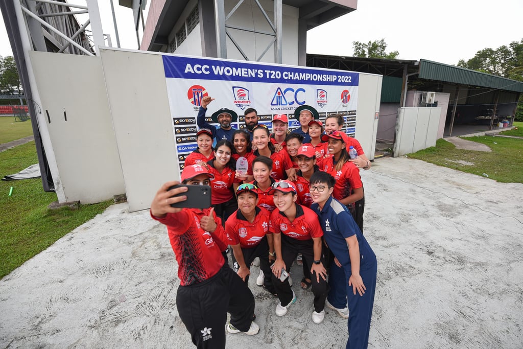 Hong Kong’s women cricketers pose for a group photo after defeating Nepal at Kinrara Academy Oval in Kuala Lumpur. Photo: ACC