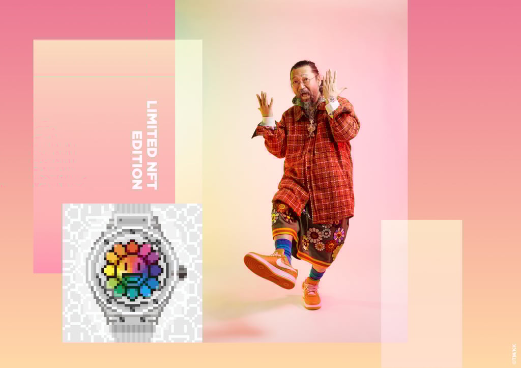 Takashi Murakami and the NFT Hublot Takashi Murakami Sapphire Rainbow. Photo: Hublot Takashi Murakami and the NFT Hublot Takashi Murakami Sapphire Rainbow. Photo: Hublot