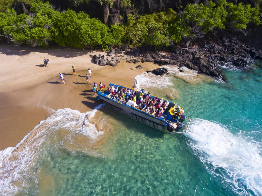 A World War II vintage front-loading landing craft deposits passengers onto a beach in the Austral Islands. Photo: Aranui Cruises