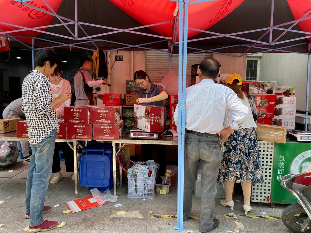 Affected by travel restrictions due to Covid-19 outbreaks in nearby regions, logistics businesses are now the only places bustling with activity on Xishan Island as they package up fruit sold online. Photo: Yaling Jiang
