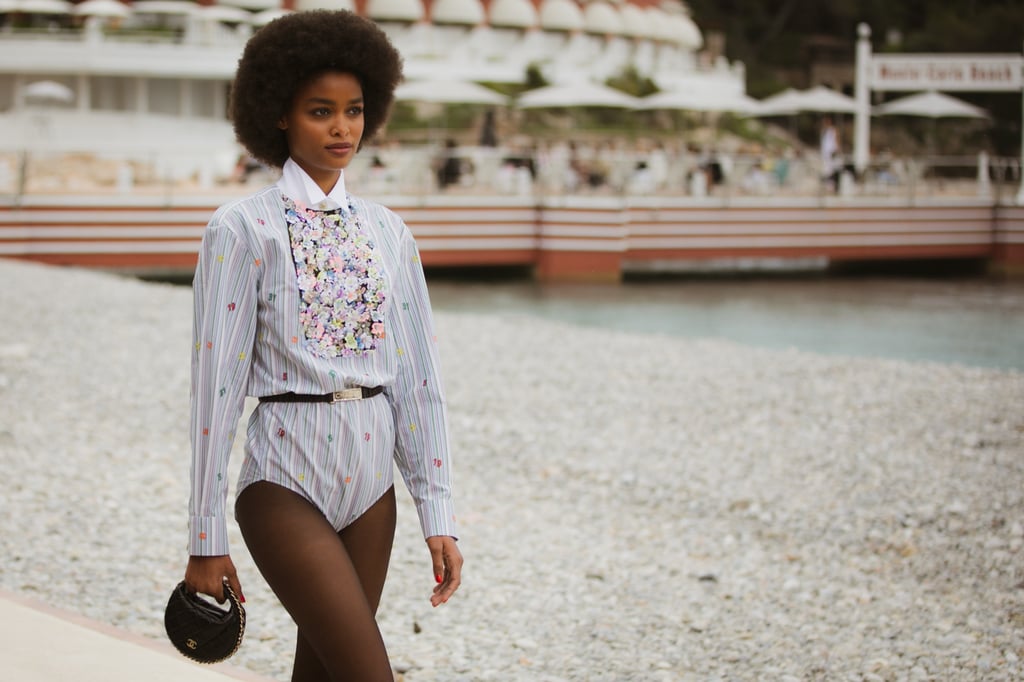 A thinly striped bodysuit from the Cruise collection as a tribute to Karl Lagerfeld. Photo: Chanel