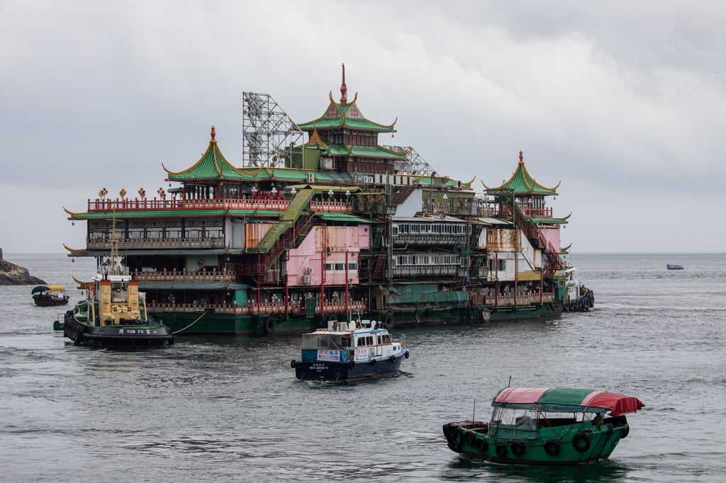 The Jumbo Floating Restaurant sails away from Hong Kong on June 14. Photo: EPA-EFE