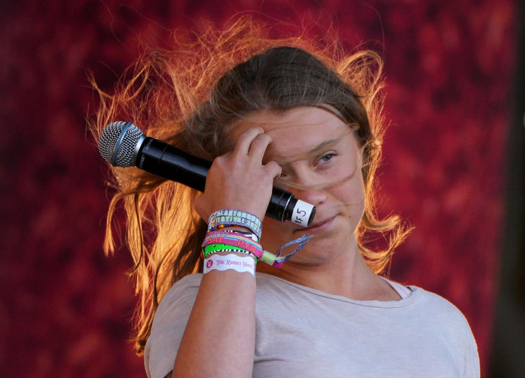 Greta Thunberg addresses the crowd at the Glastonbury festival in Somerset, UK on Saturday. Photo: AP
