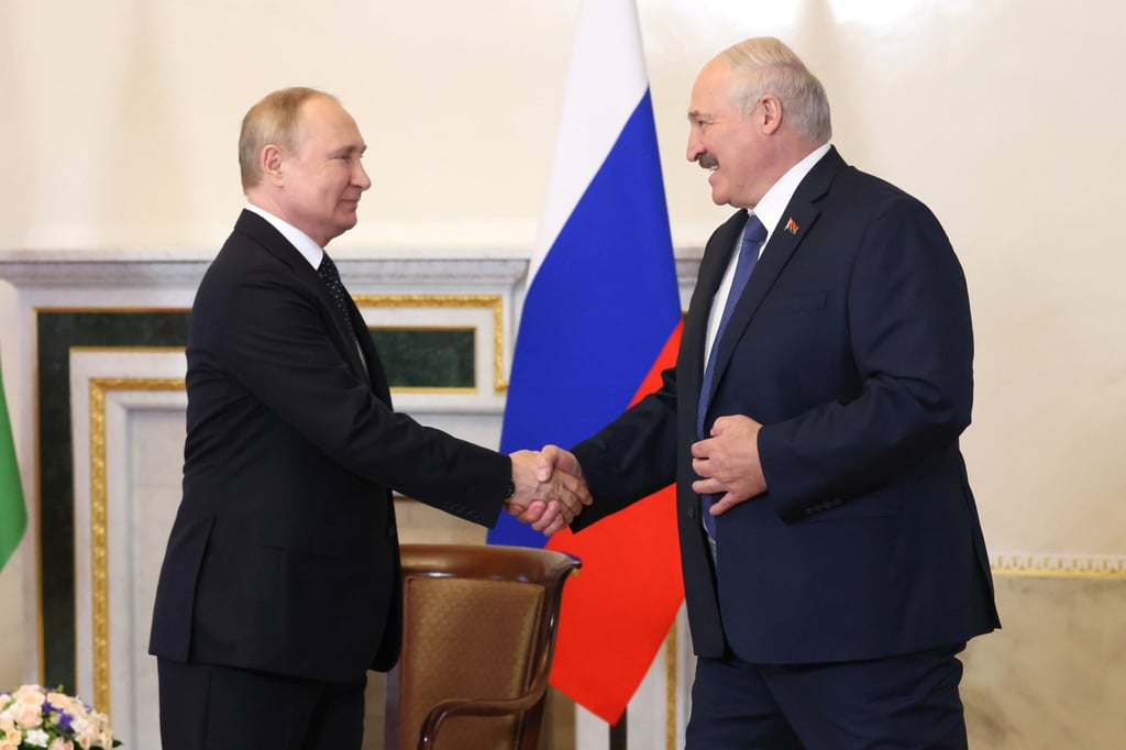 Russian President Vladimir Putin, left, and Belarusian President Alexander Lukashenko in St Petersburg, Russia on Saturday. Photo: Kremlin / DPA Russian President Vladimir Putin, left, and Belarusian President Alexander Lukashenko in St Petersburg, Russia on Saturday. Photo: Kremlin / DPA