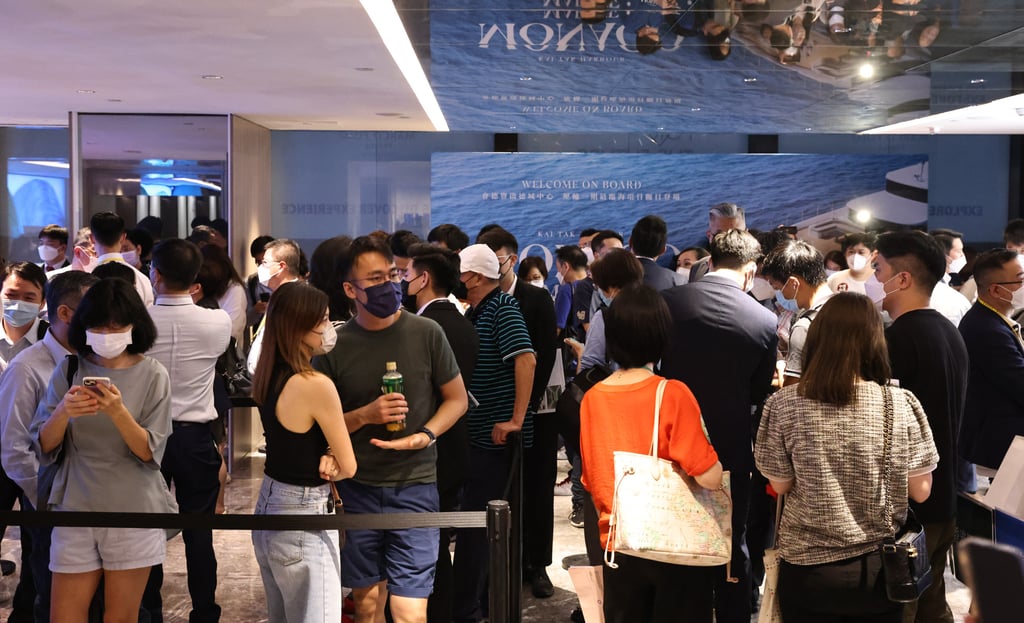 Prospective buyers filled up the Tsim Sha Tsui sales office for Monaco Marine, a Hong Kong residential development, on April 28, 2022. Photo: SCMP / K. Y. Cheng
