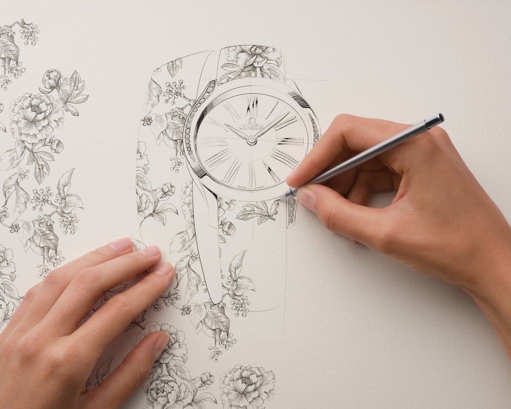 Concept sketches of Omega’s new Mini Trésor 26mm Toile de Jouy timepiece. Concept sketches of Omega’s new Mini Trésor 26mm Toile de Jouy timepiece.