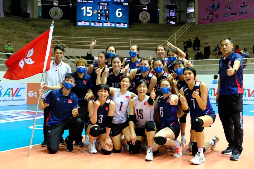 Hong Kong celebrate after defeating India at the AVC Women’s Cup Challenge in Thailand. Photo: AVC