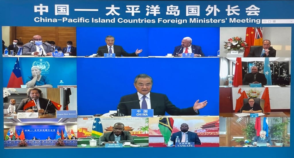 China’s Foreign Minister Wang Yi co-hosts a virtual meeting with the leaders and foreign ministers of Pacific island nations in May. Photo: Xinhua
